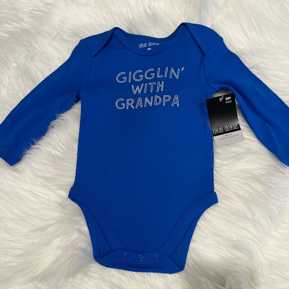 Okie Dokie NWT Royal Blue Bodysuit In Size 9M 100% Cotton “Giggling With Grandma